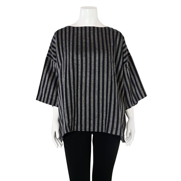 Eskandar Striped 100% Linen Bateau Neck Box Cut Top in Black/Gray sz 0